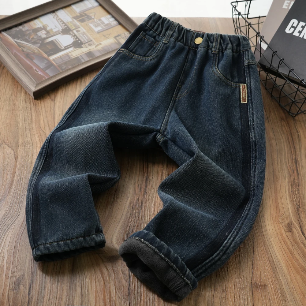 男童冬季时尚长裤后口袋字母U刺绣加绒牛仔裤中大童百搭S809