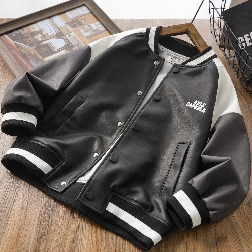 男童儿童春秋新款字母拼接皮衣棒球服外套中大童洋气上衣4SP11