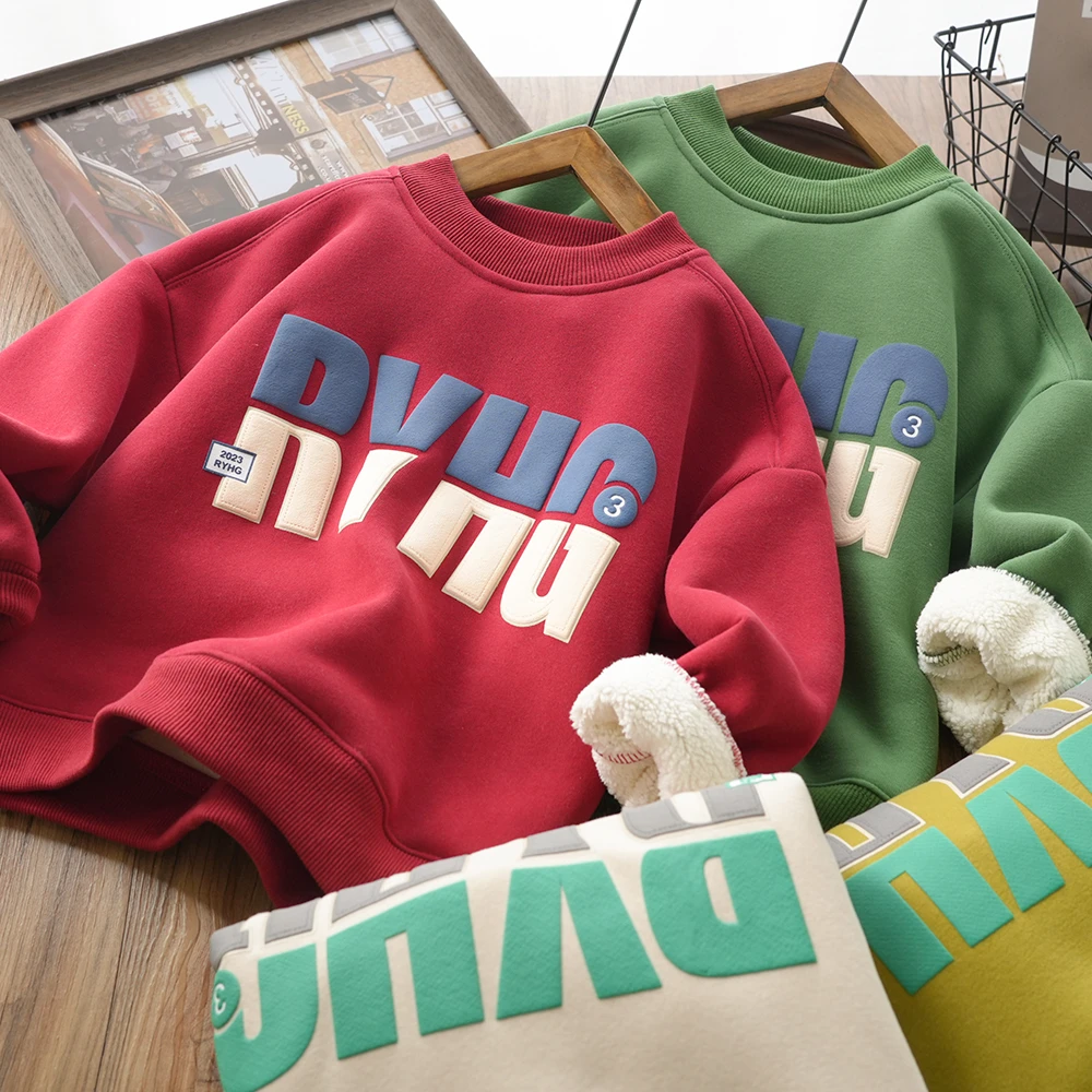 儿童男童秋冬新款字母印花圆领休闲加绒卫衣中大童百搭8762