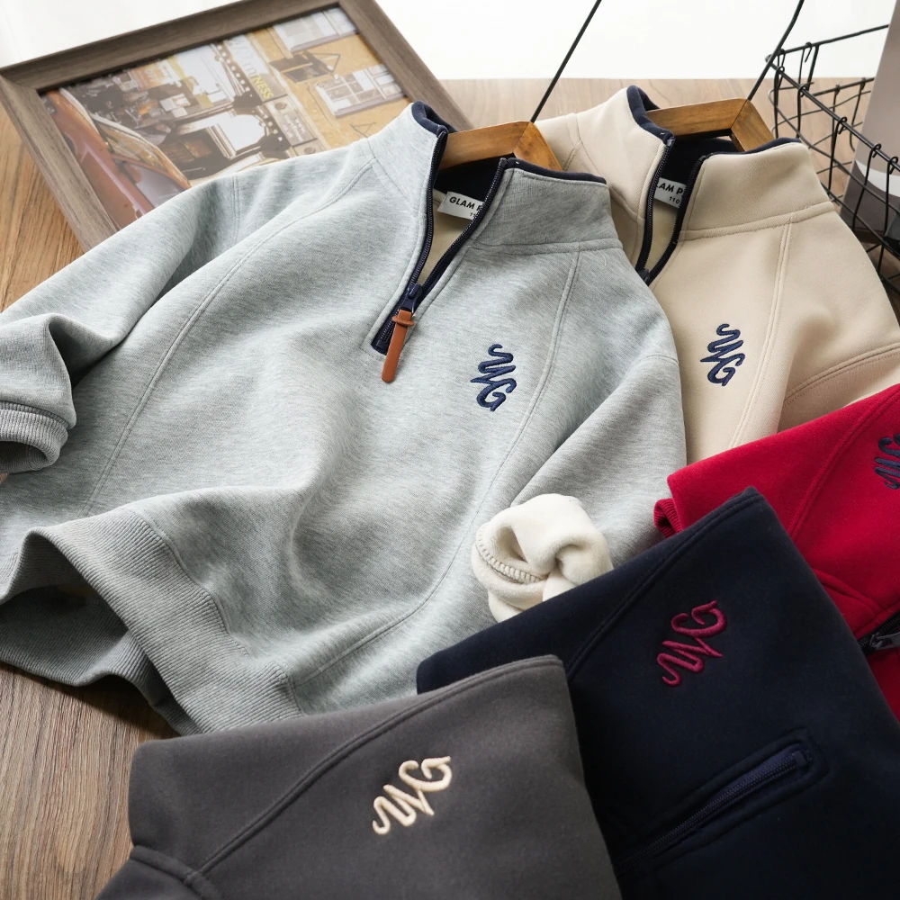 男童冬季简约刺绣开领加绒卫衣中大童儿童拼接上衣1011