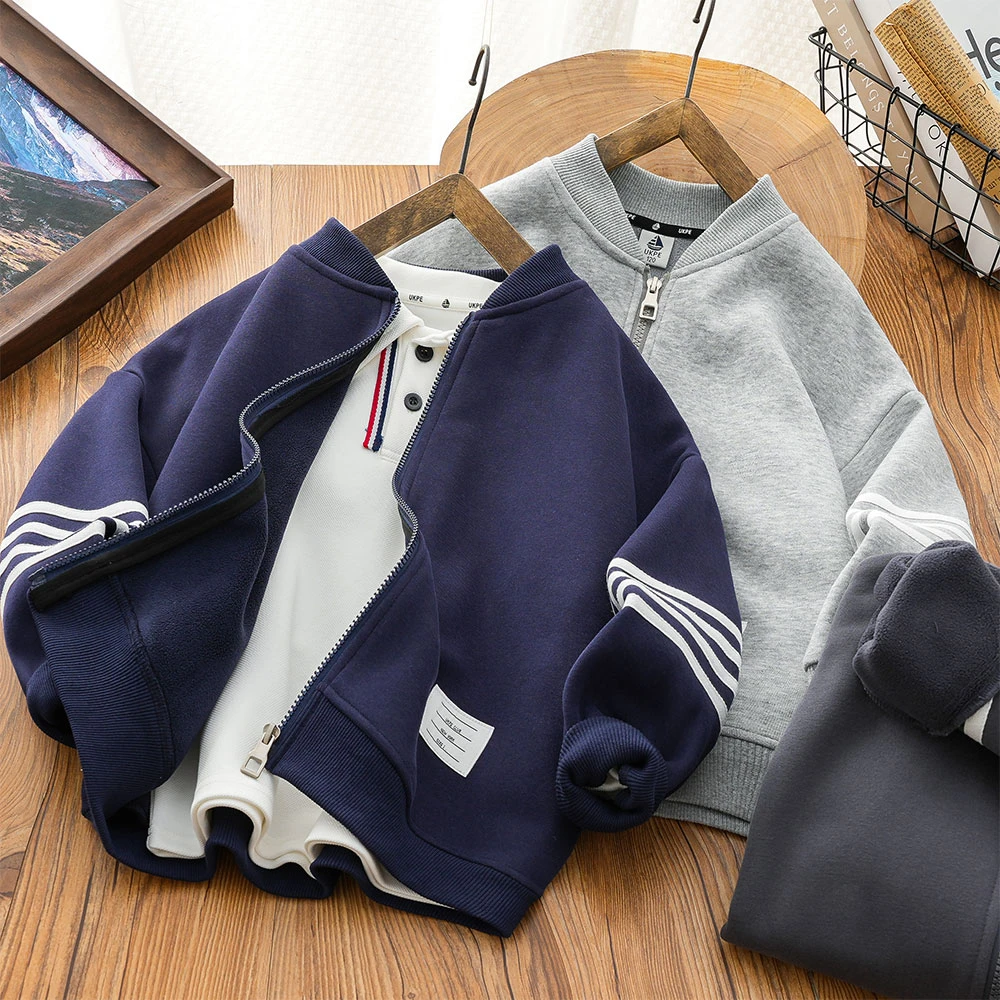 男童儿童秋冬新款开衫休闲加绒棒球服外套中大童拉条洋气24D71