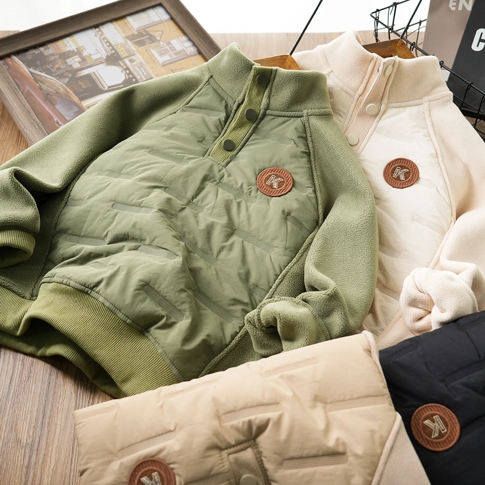 儿童秋冬圆标K刺绣拼接加绒开领棉服中大童休闲加棉卫衣5326