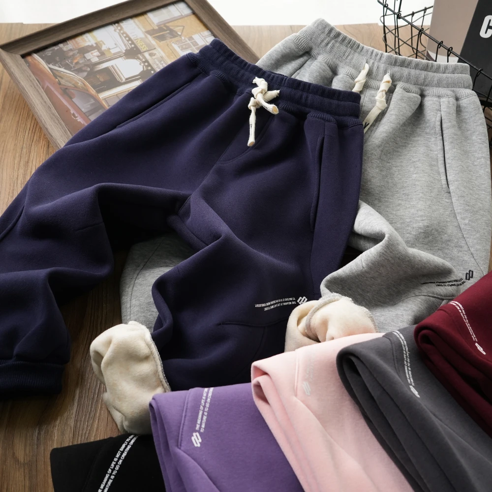 秋冬男童字母拼接加绒运动裤抽绳休闲卫裤中大童简约裤子80818