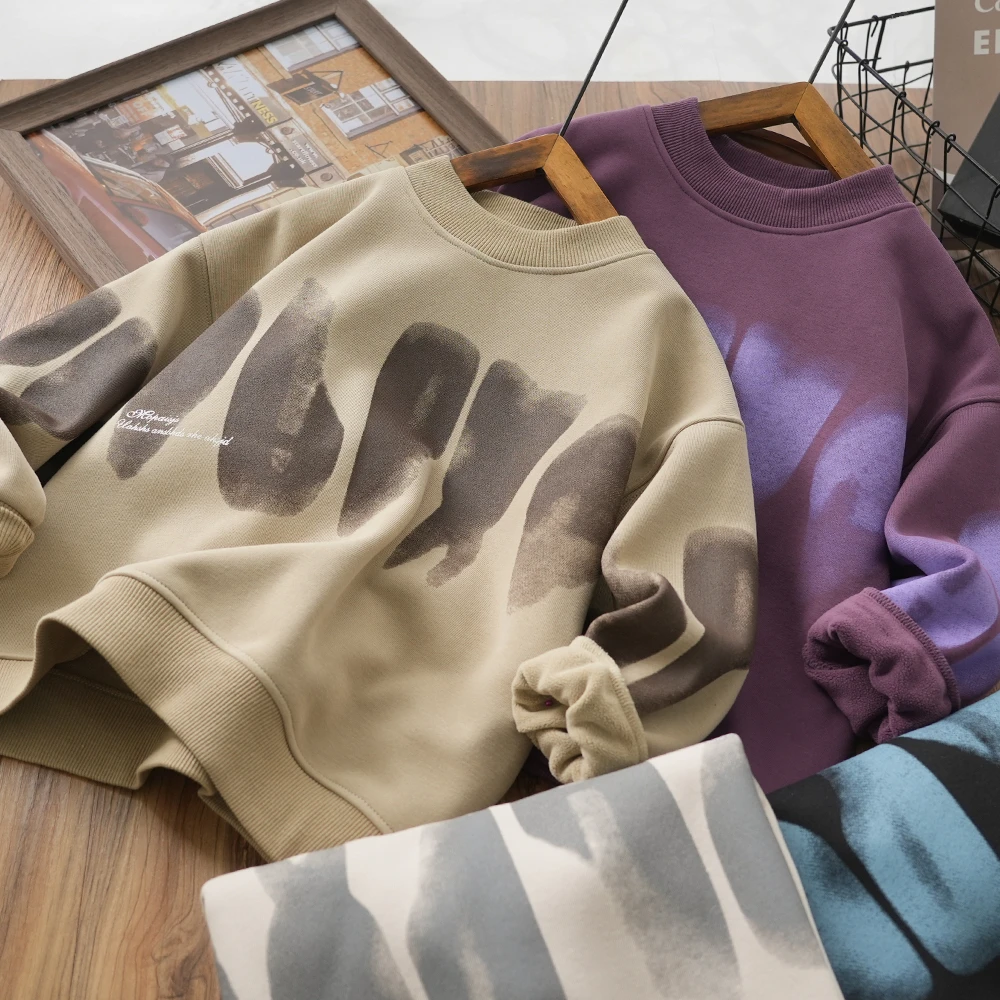 男童秋冬新款字母晕染圆领加绒卫衣中大童儿童休闲洋气上衣23D27