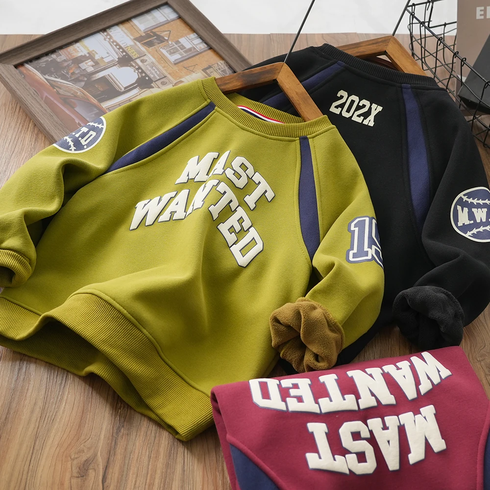 男童冬季新款字母印花拼接加绒卫衣中大童儿童保暖圆领2023095