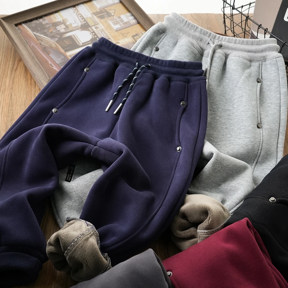 男童儿童秋冬简约钉扣拼接加绒卫裤中大童百搭运动裤裤子80832