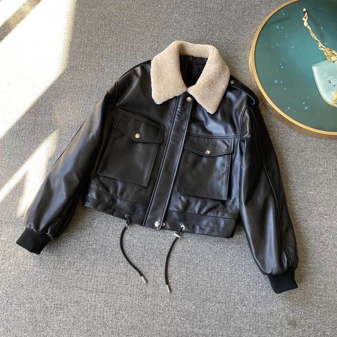 2024秋冬新款加厚外套黑色羊皮夹克羊羔毛大翻毛领廓形加棉皮衣女