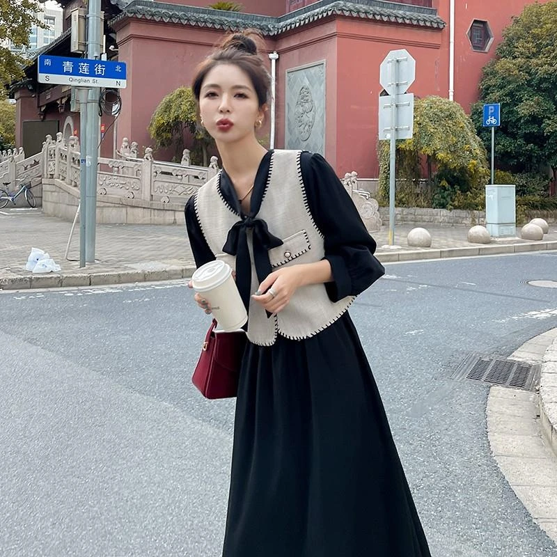 法式复古小香风马甲连衣裙两件套女春秋2023新款显瘦气质茶歇长裙