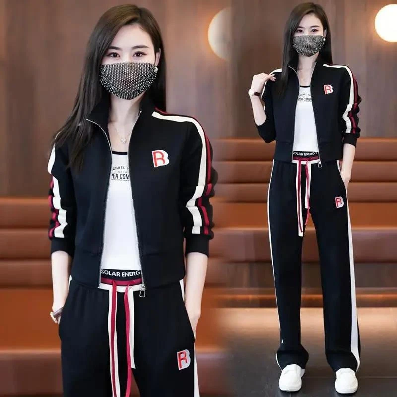 网红春秋新款休闲运动套装女时尚减龄气质立领外套阔腿卫裤两件套