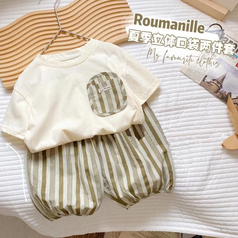 夏季儿童短袖裤子套装条纹洋气时尚休闲宝宝男童T恤两件套宽松薄