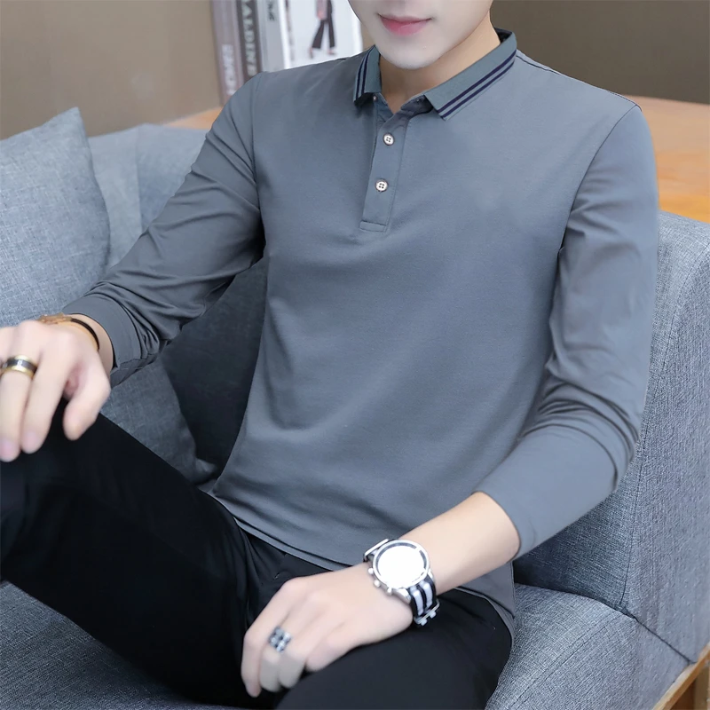 早秋男装新款男士长袖t恤秋衣上衣外穿翻领秋天衣服男衫带领子t桖