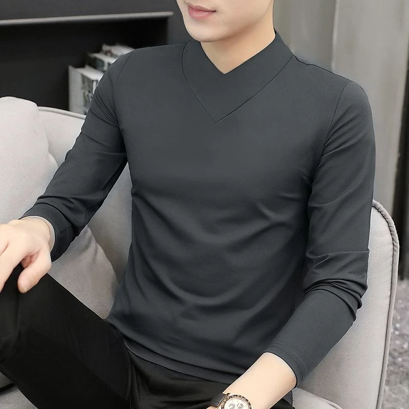 男士长袖T恤鸡心领百搭内衣服纯棉长轴秋衫纯色秋衣外穿V领打底衫