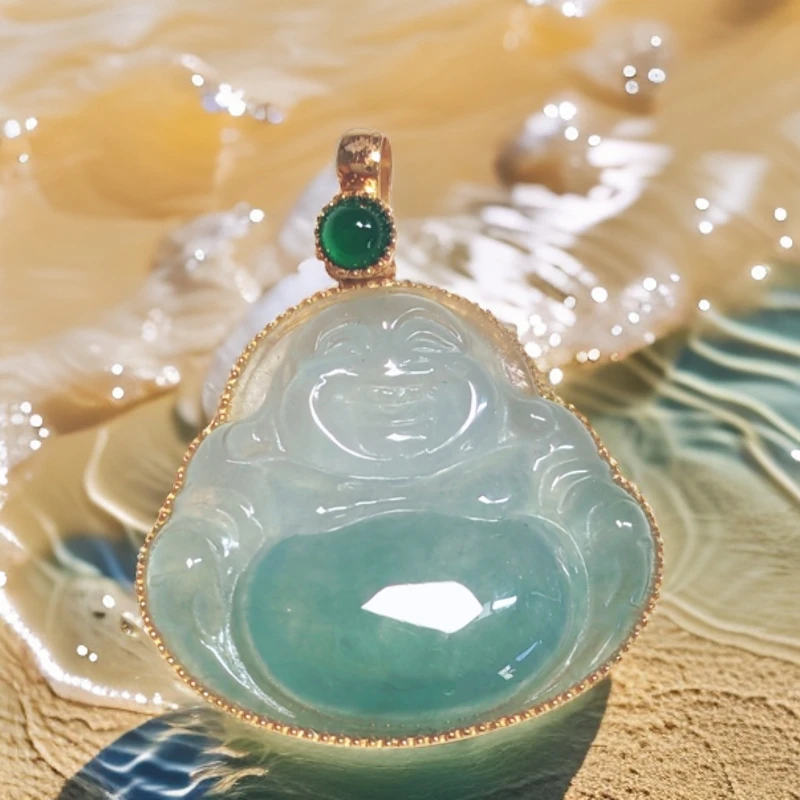 【望龙珠宝 】缅甸翡翠A货  18K金镶正冰佛公吊坠一件 多样性发其一