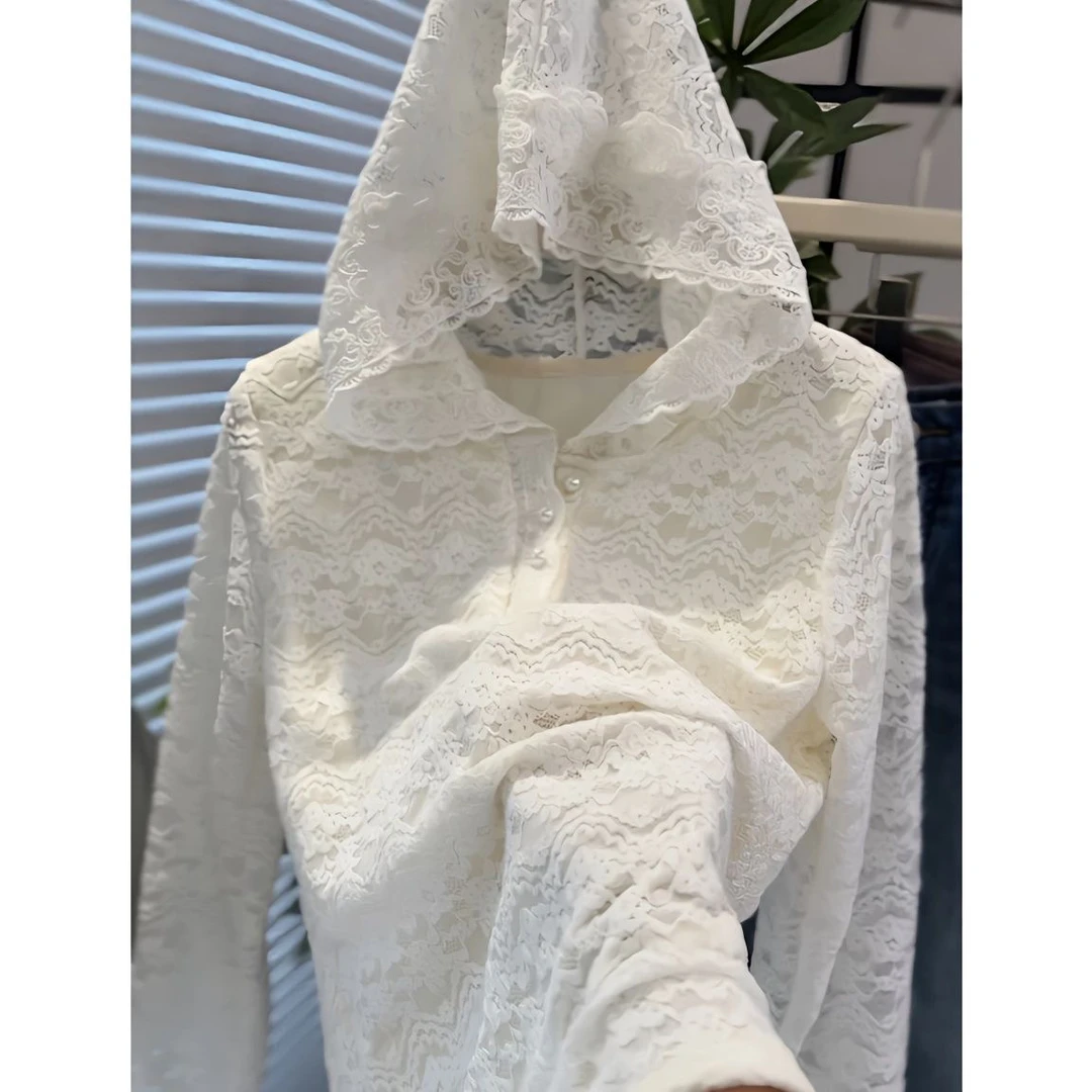 法式柔软月光高级感磨毛加绒加厚蕾丝衬衫女秋冬叠穿连帽减龄上衣