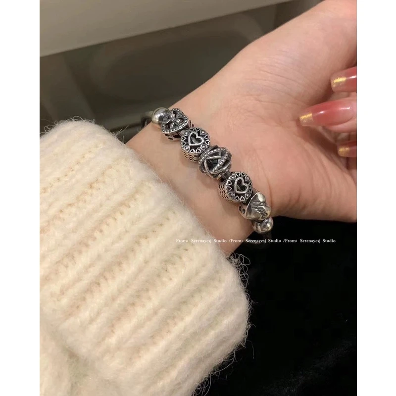 足银手镯 891 足银999.9新款复古推拉镂空爱心复古韩系简约手镯