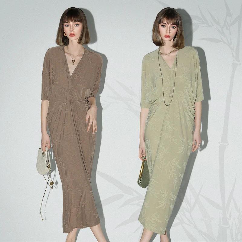 【香香】COCOBELLA竹叶提花新中式针织国风立裁宽松舒适长裙FR0045