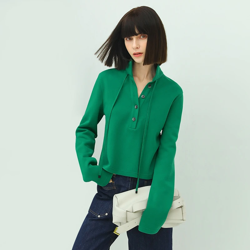 COCOBELLA气质飘带绿色短款POLO衫女秋宽松休闲翻领长袖上衣TS508