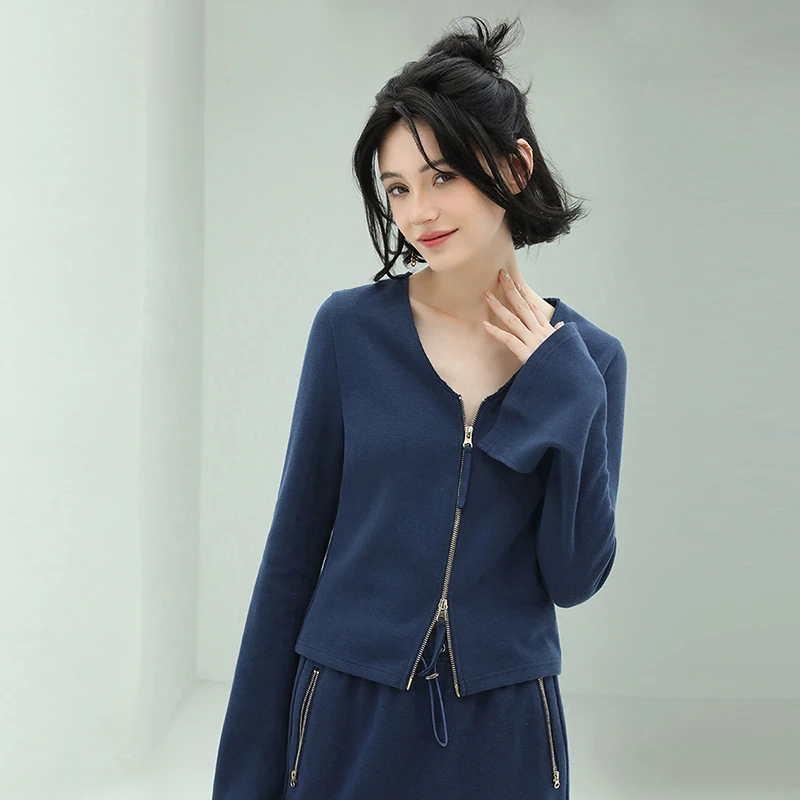 COCOBELLA双头金属拉链针织开衫女秋冬设计感通勤休闲上衣TS102