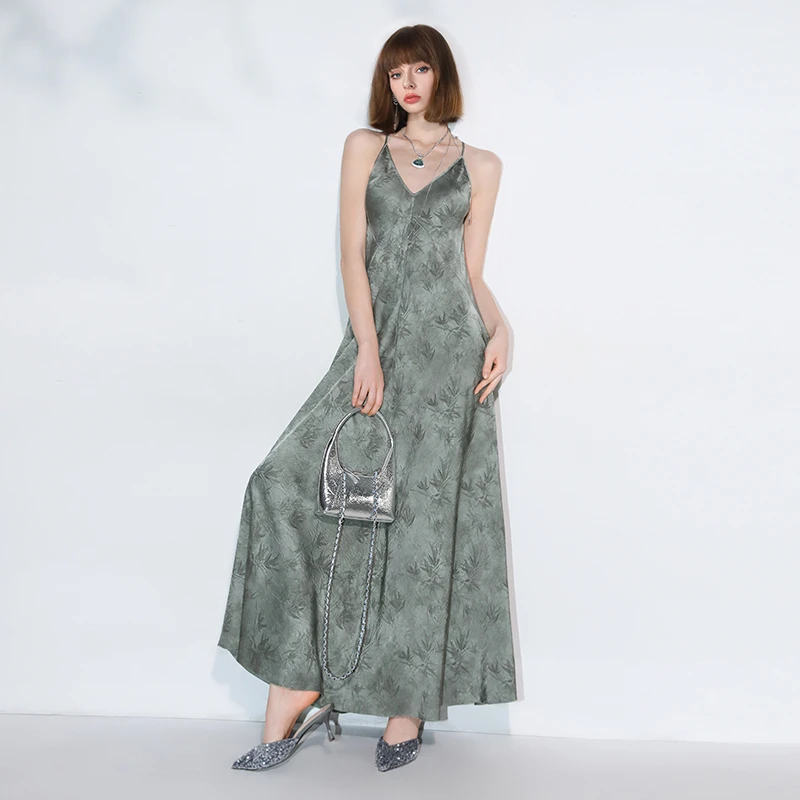 COCOBELLA[只此青绿]新中式竹叶印花女双面穿连衣裙FR0052【1】