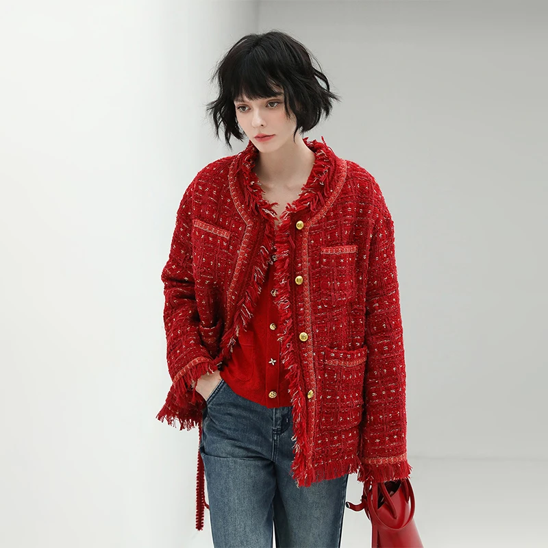 COCOBELLA新年红小香花呢保暖棉服女设计感飘带毛边毛呢外套WL55