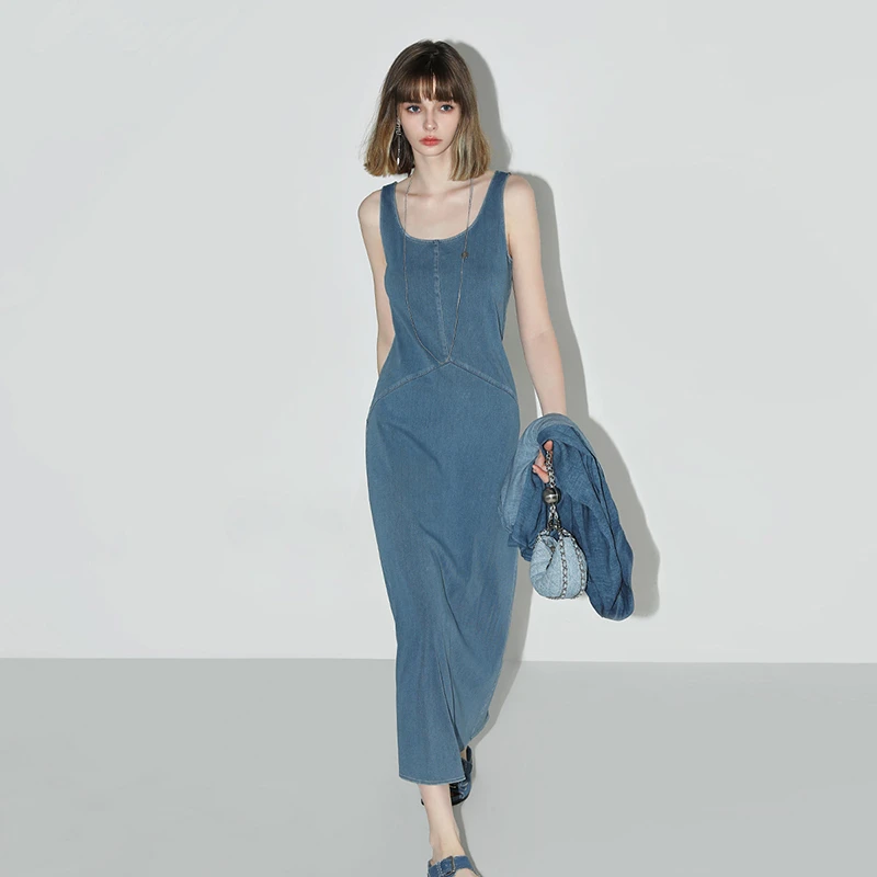 COCOBELLA弹力针织牛仔连衣裙设计休闲背心长裙FR615【1】