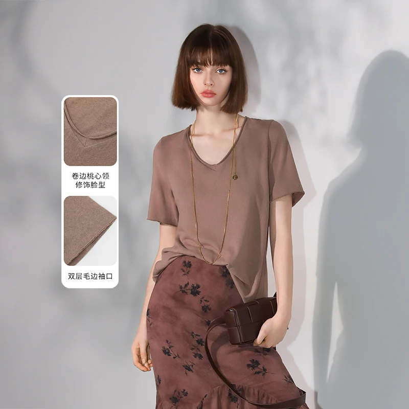 COCOBELLA侘寂风竹节棉短袖T恤基础款V领随性毛边上衣TS7017