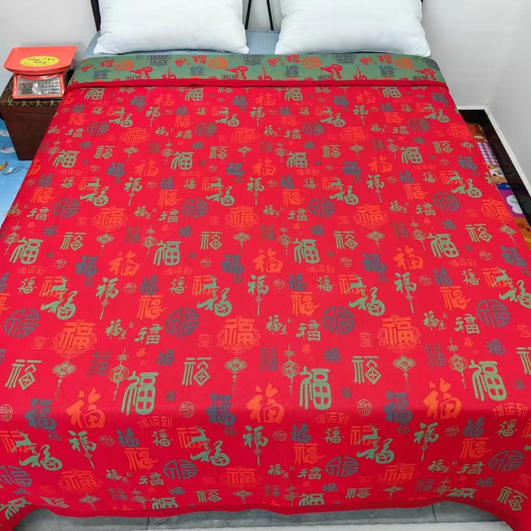 【大红色百福床盖】纯棉多层纱布床盖精梳棉母婴A类可铺床保暖盖