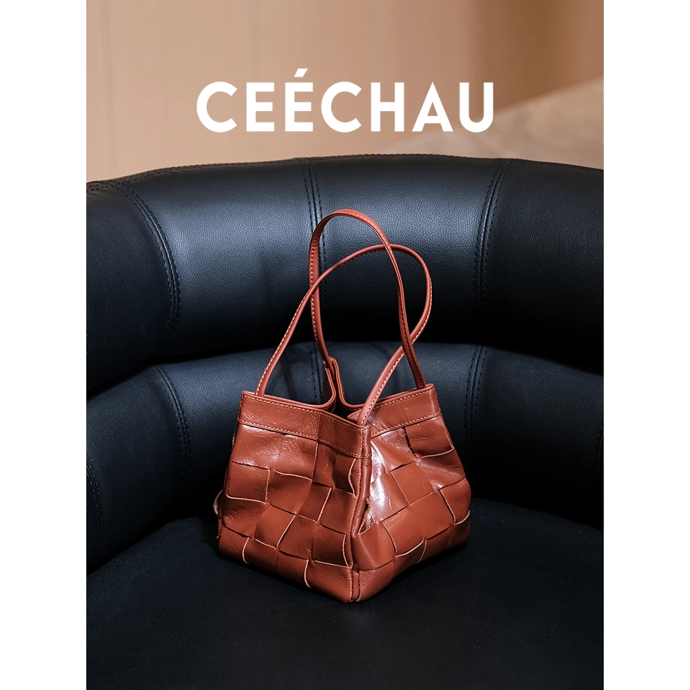 CEECHAU 牛皮编织包2024新款手提手挽包ins风水桶包时髦单肩斜挎