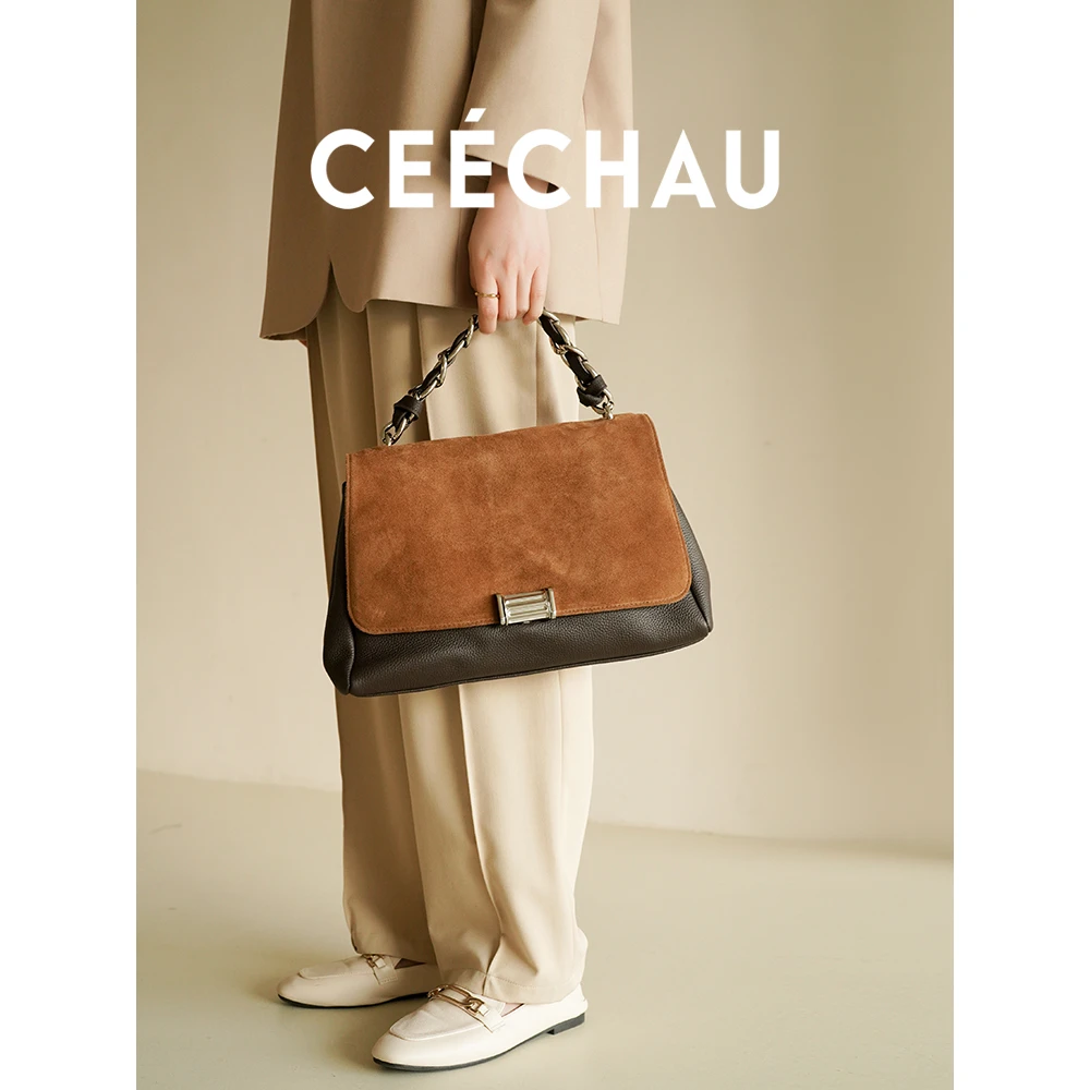 CEECHAU 秋冬大容量通勤单肩手提包磨砂牛皮撞色链条斜挎包百搭女