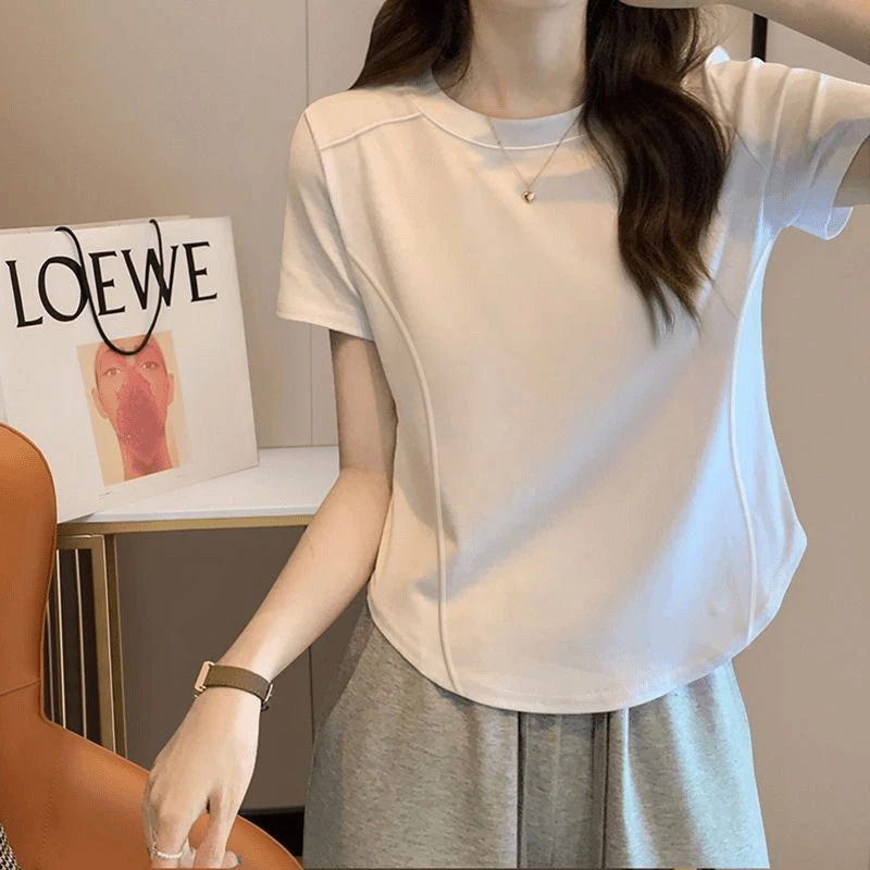 莫代尔棉别致鱼骨气质不规则短袖T恤女夏季大码修身打底衫上衣女