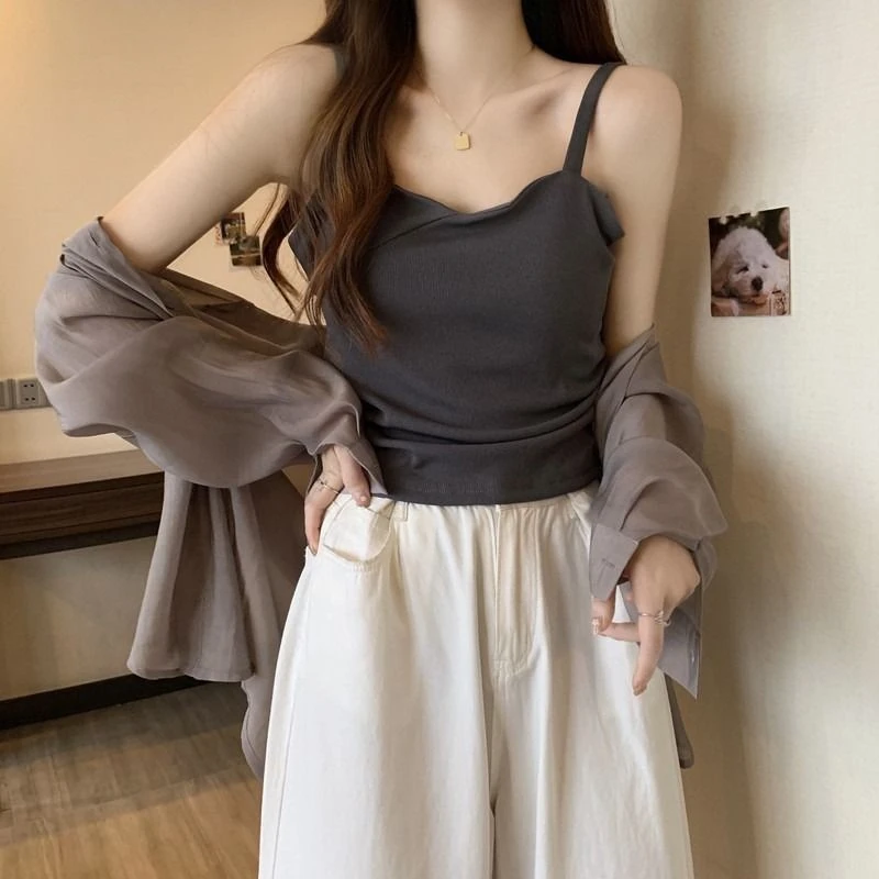 法式短款吊带背心女外穿夏季大码微胖mm百搭显瘦遮肚内搭打底上衣