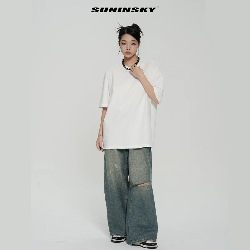 SUNINSKY宽松半圆毛边套头男女同款百搭半圆极简纯白T恤K38031