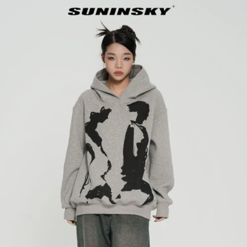 SUNINSKY原创水墨抽象肌理水墨印花设计感连帽新中式卫衣K38003
