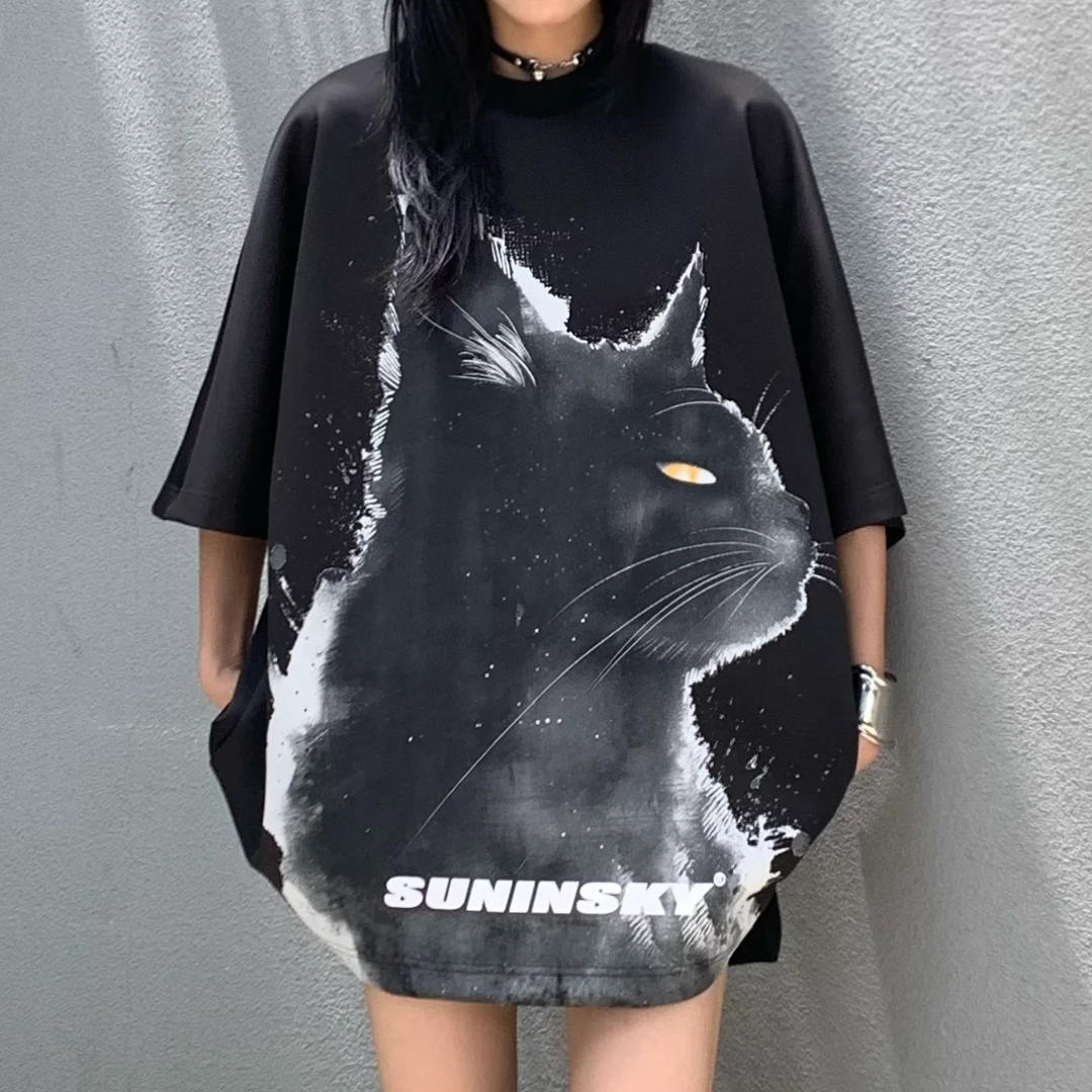 SUNINSKY酷炫猫咪趣味印花宽松显瘦T-S2406056