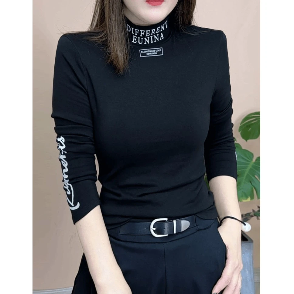 2024秋季新品时尚百搭休闲印花设计感气质半高领打底衫女士上衣