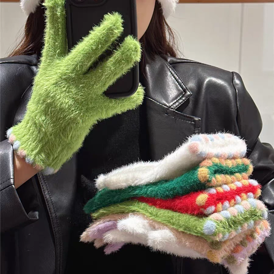 糖豆针织漏指保暖手套女冬季毛绒防寒分指手套触屏手套防风手套女