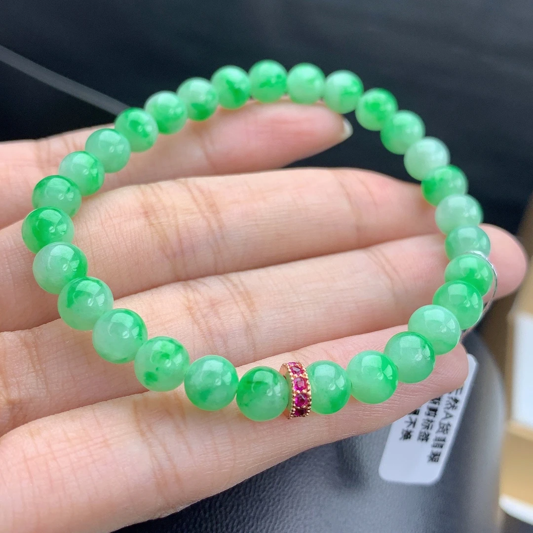 四会 缅甸A货翡翠冰飘阳绿花圆珠手链手串5t6.2mm