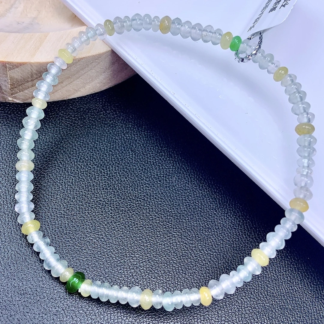 缅甸A货翡翠正冰透绳白冰黄色加绿珠算盘珠手链手串T/3.6mm