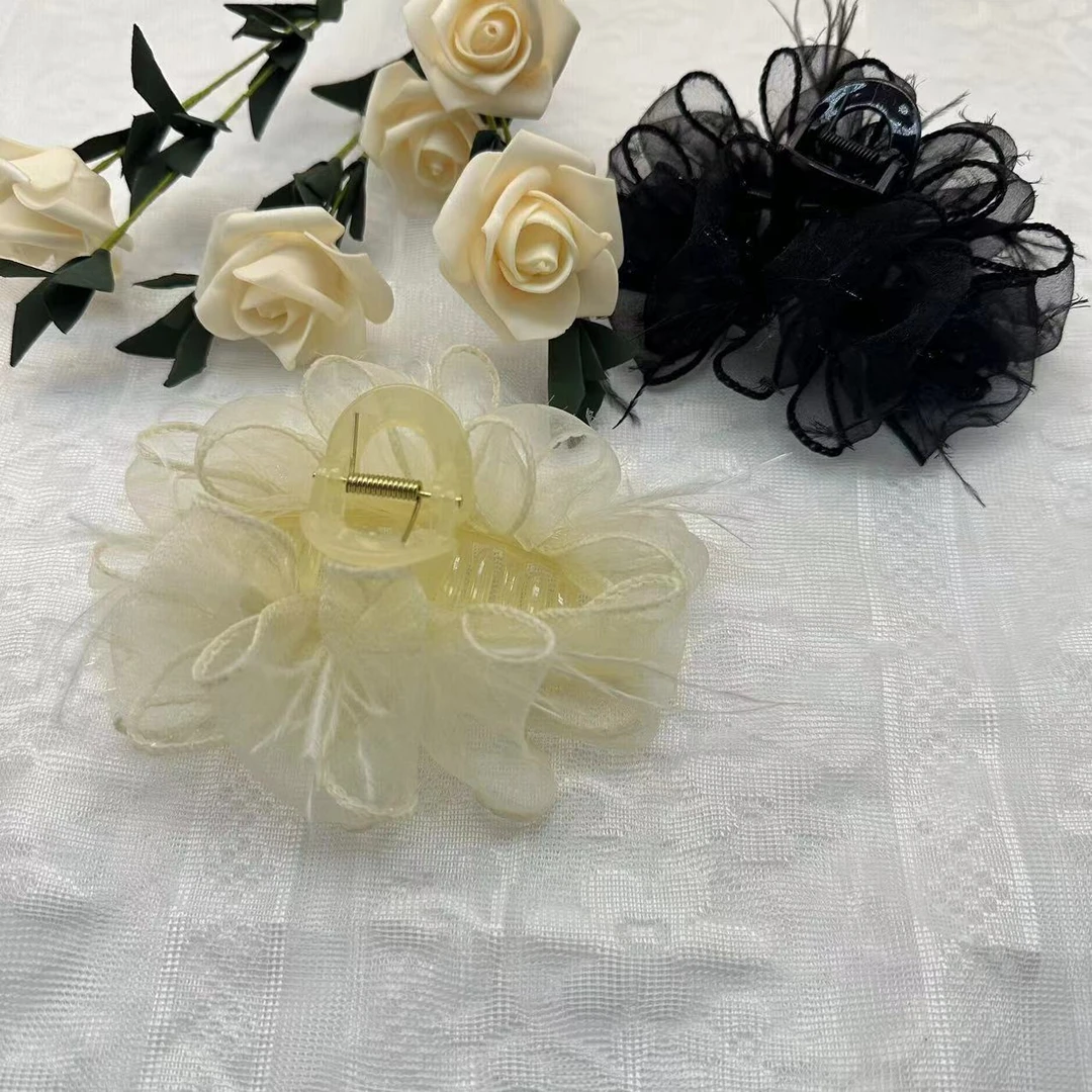 新款气质时尚优雅羽毛网纱云朵抓夹发夹头饰