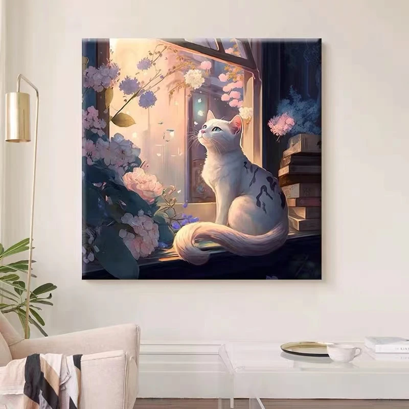 （真心甄选）数字油画diy樱花下的喵填充水油彩手工绘画填色装饰