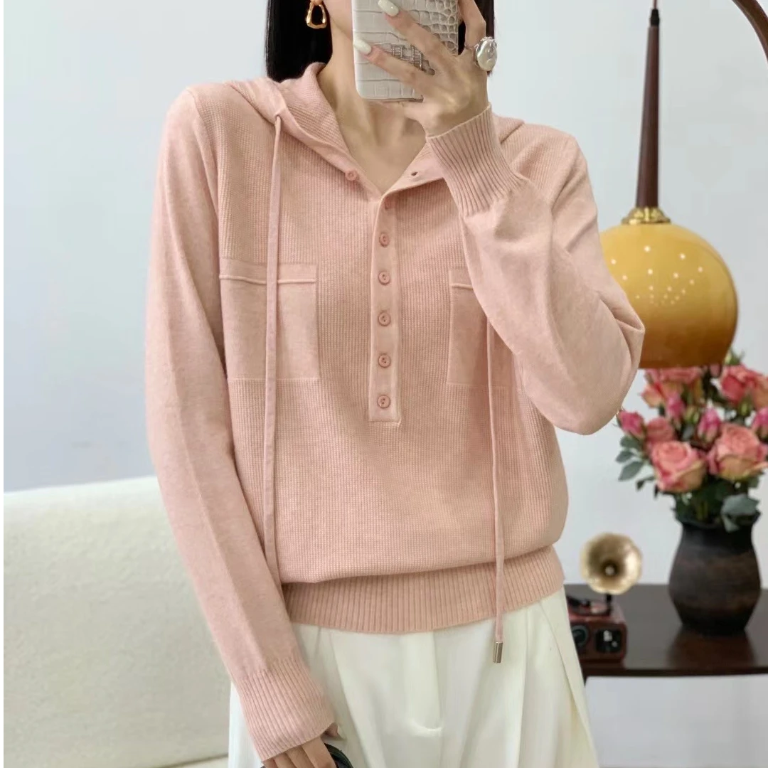 2024秋冬新款女装毛衣时尚休闲百搭纯色套头连帽针织衫宽松版卫衣