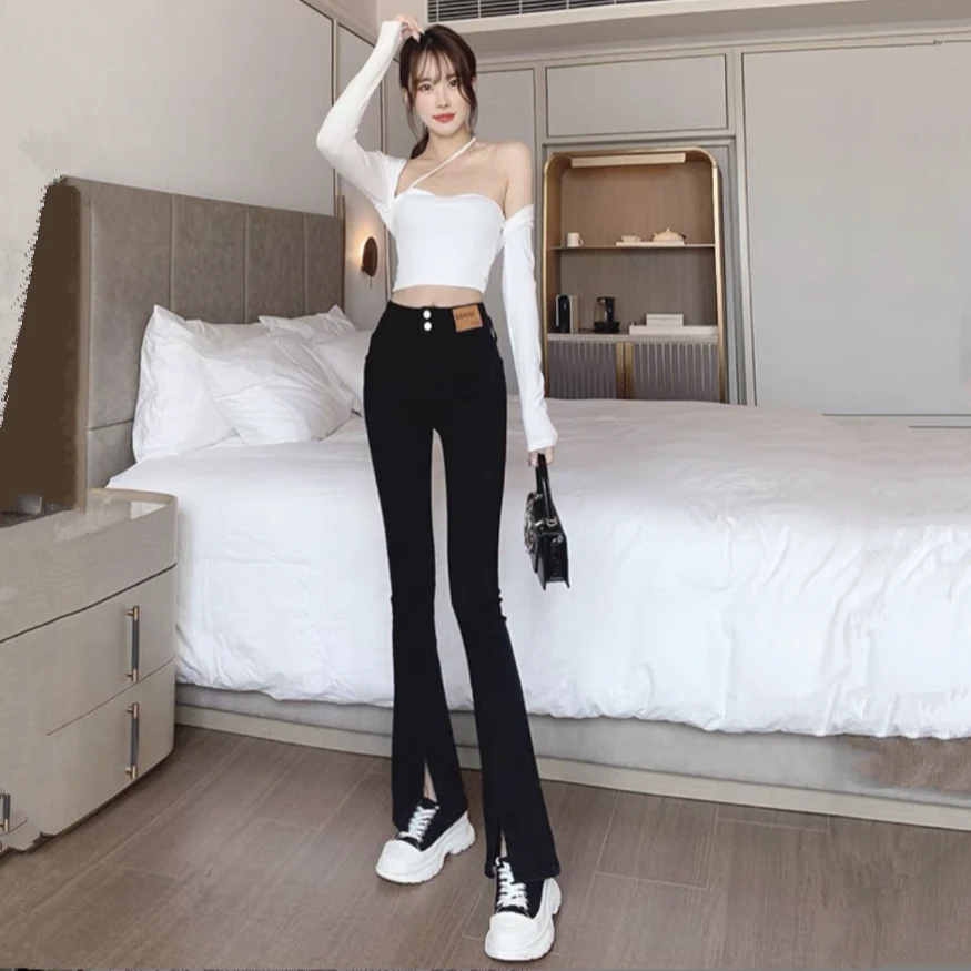 高腰开叉喇叭裤女2024年春秋新款弹力修身显瘦爆款微喇开叉裤子女