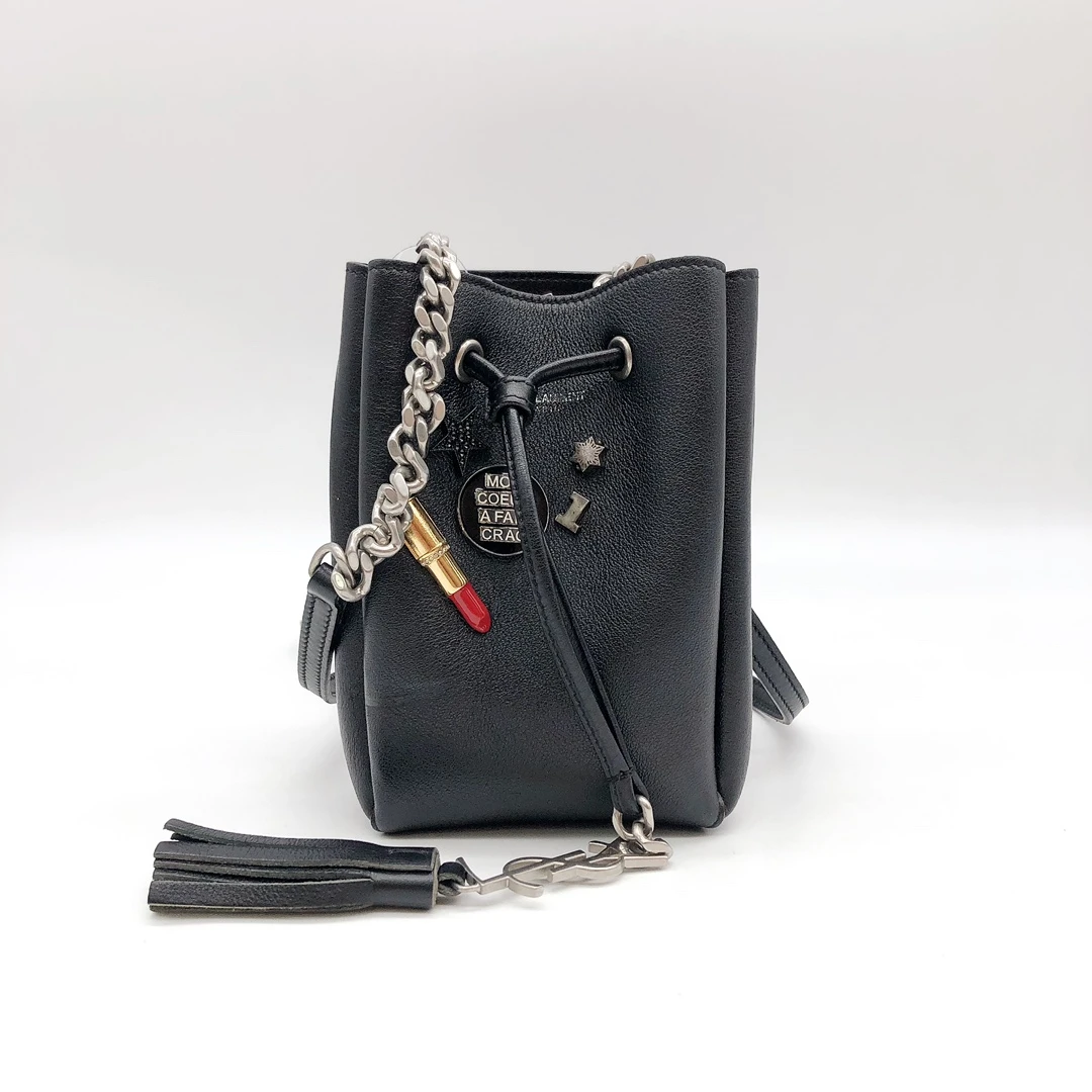 95新 YSL/圣罗兰 YSL黑银mini水桶斜挎包 23080192-01
