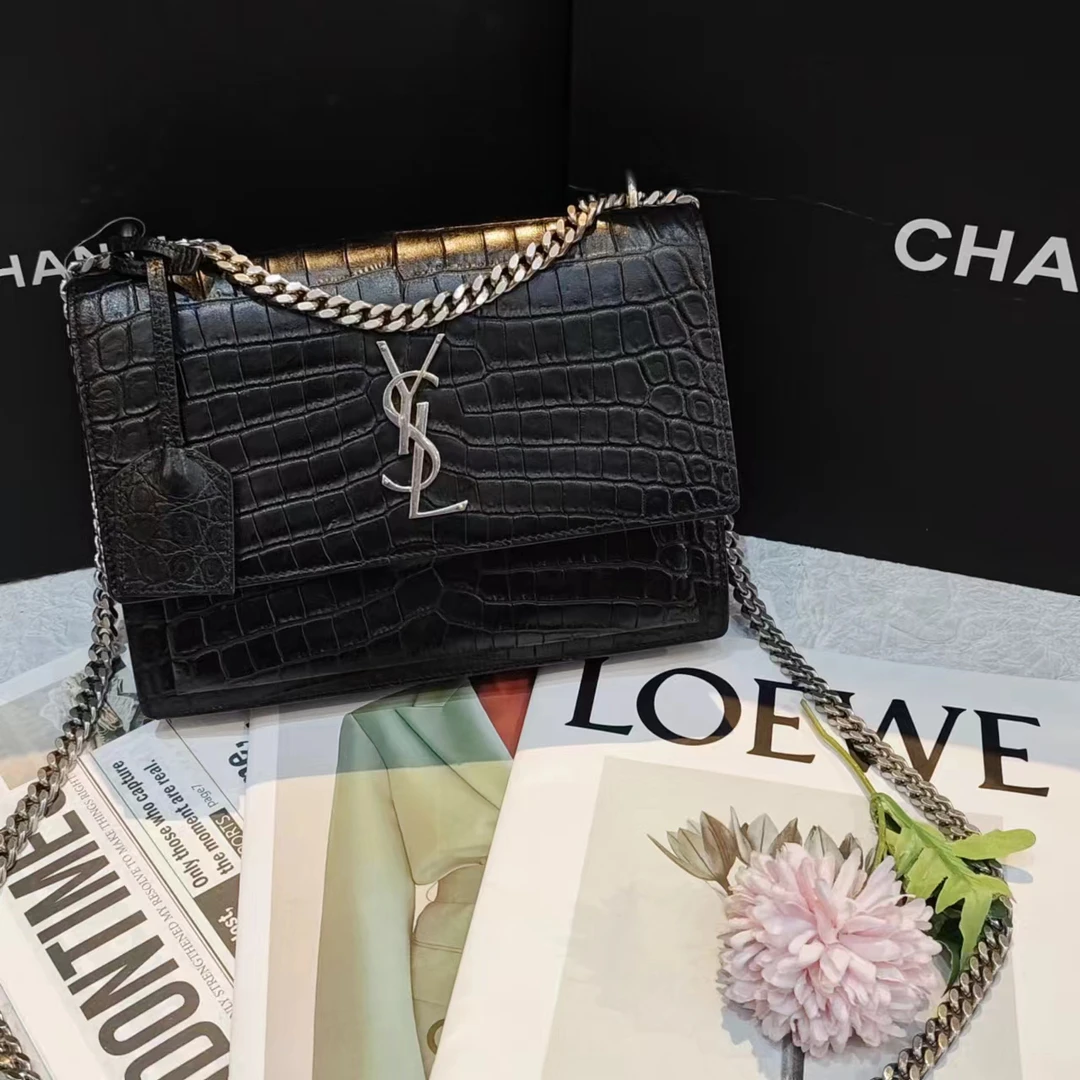 95新 YSL/圣罗兰 YSL黑银压纹日落斜挎包24060089-01
