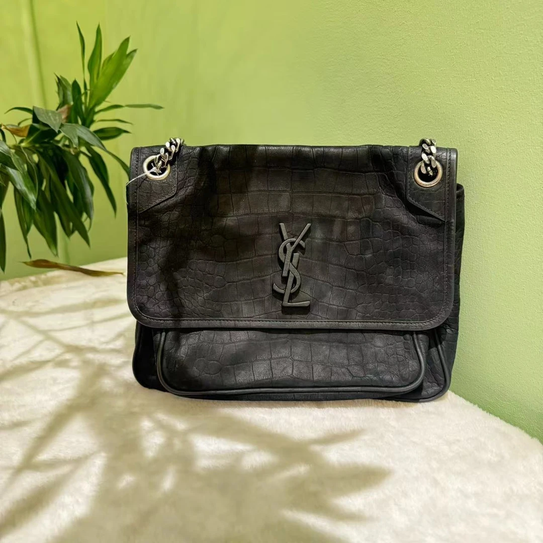 95新 YSL/圣罗兰 YSL黑银丝绒niki单肩包 24080103-01