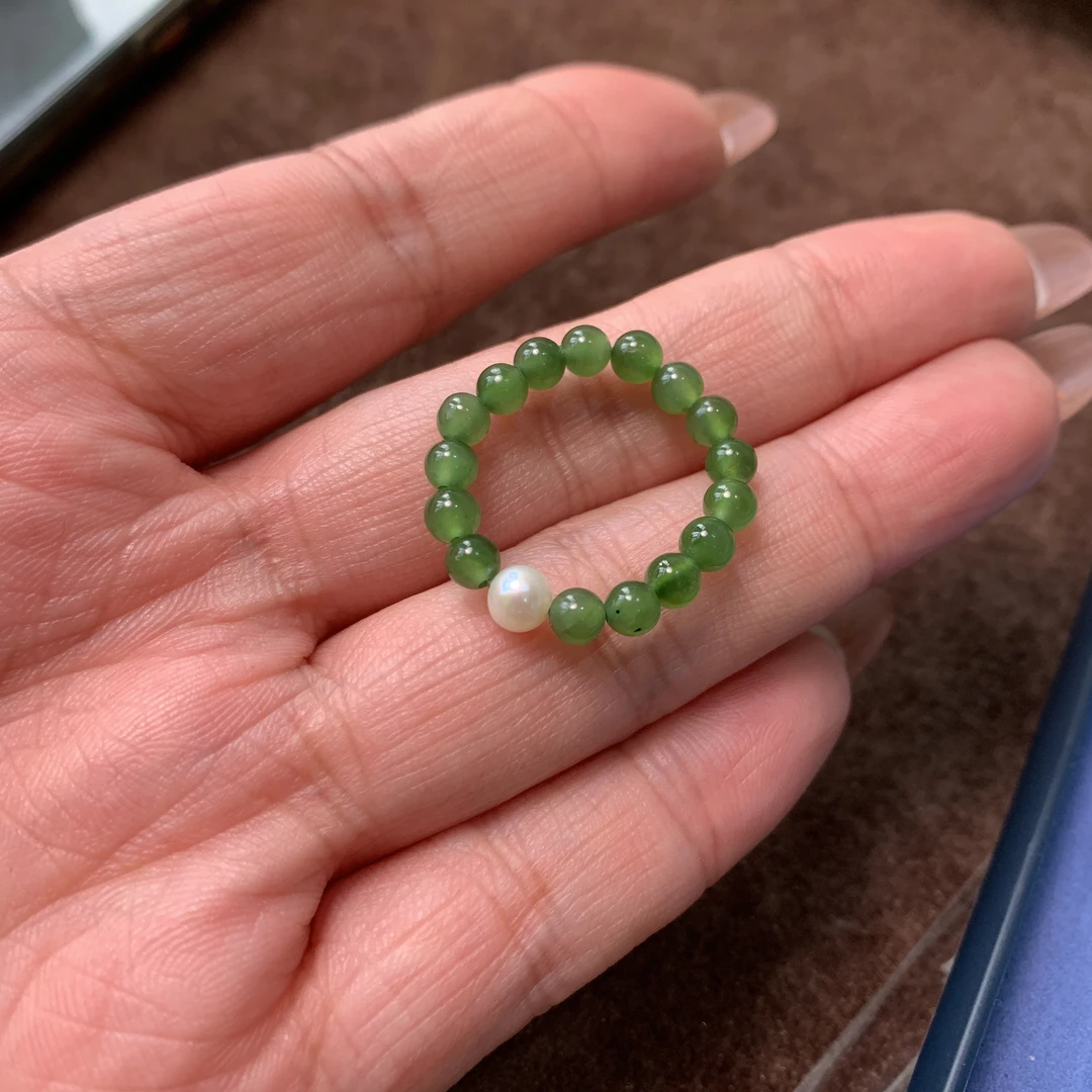 和田玉碧玉小米珠戒指