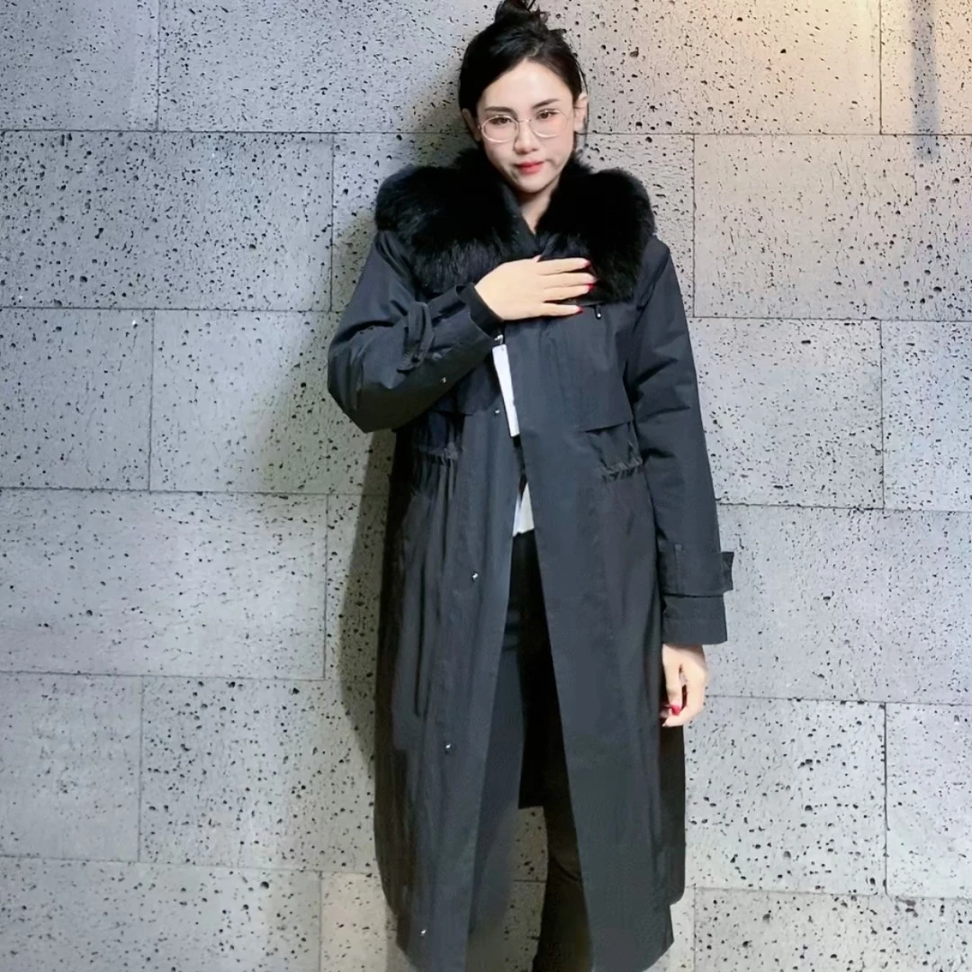 女款皮草派克服大衣时尚休闲黑色连帽大毛领 20021-8