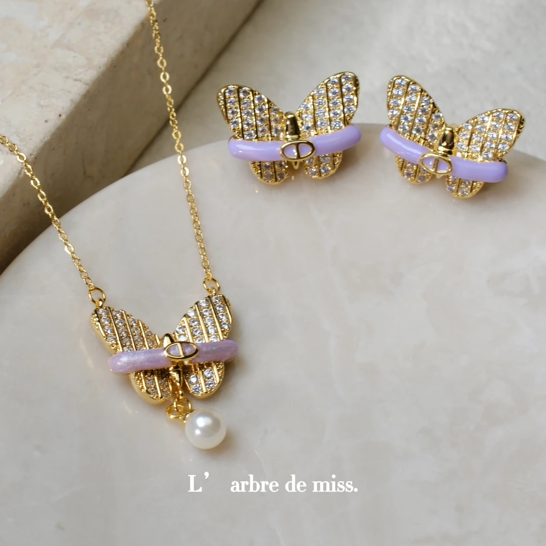 铜合金珐琅耳饰 耳钉 经典法式紫色珐琅蝴蝶耳钉E12752-36