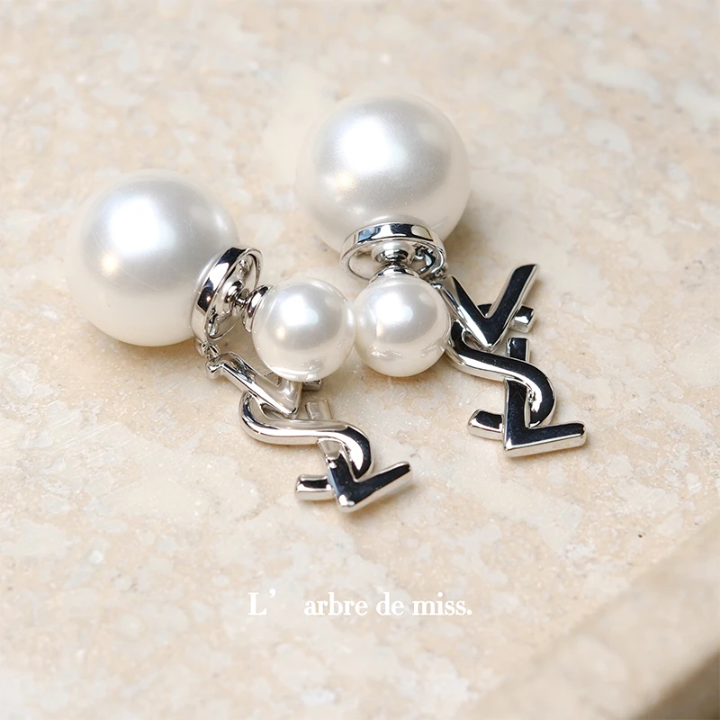 铜合金耳饰 S925经典字母珠珠长款耳钉复古B02593b