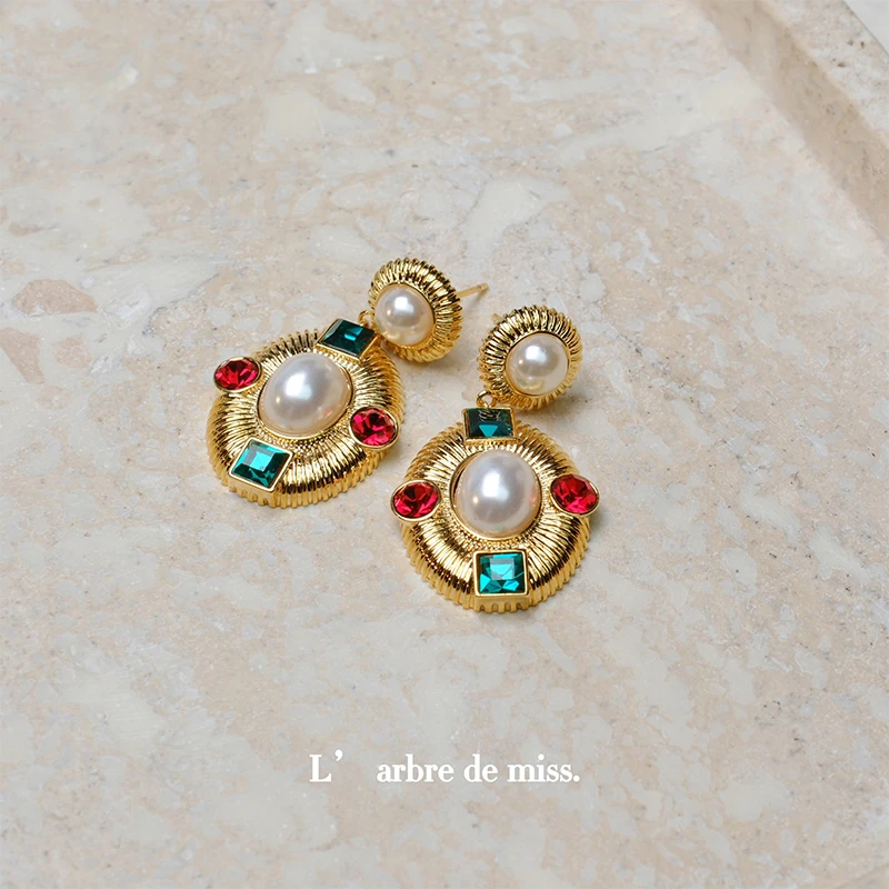 铜合金合成锆石耳饰 新中式红绿镶钻耳钉E12116D656